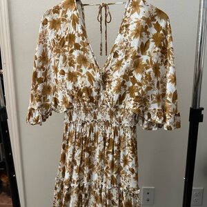 Floral V-Neck Dress in Brown and White